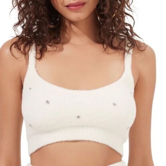 EUC ASTR the Label Cream Rhinestone Fuzzy Crop Top Small - Picture 1 of 6